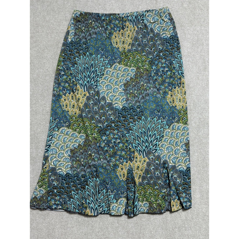 PerSeption Womens Skirt 1X Blue Green Beige Paisley Stretch Flare Pull On‎ Plus